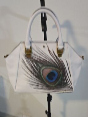 White Tote Bag with Peacock Feather Print